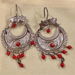 Handmade Silver Earrings with Red Beads from Mexico